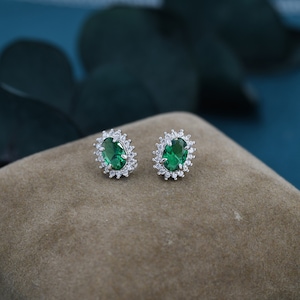 Emerald Green CZ Stud Earrings in Sterling Silver, Green Oval Crystal Stud Earrings, May Birthstone