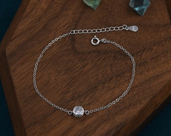 Extra Tiny Bezel CZ Bracelet in Sterling Silver, Silver or Gold or Rose Gold, Single CZ Bracelet, Tiny Delicate Bracelet