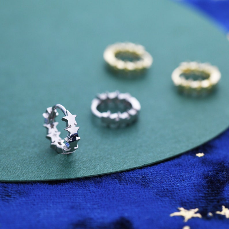 Star Motif Huggie Hoop Earrings in Sterling Silver, Star Hoop Snug Earrings, 8mm Hoop, Silver or Gold, Geometric Design image 5