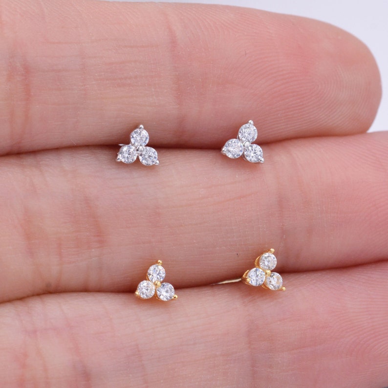 Very Tiny Three Dot Trio Stud Earrings in Sterling Silver with Sparkly CZ Crystals, Simple and Minimalist, Geometric and Discreet