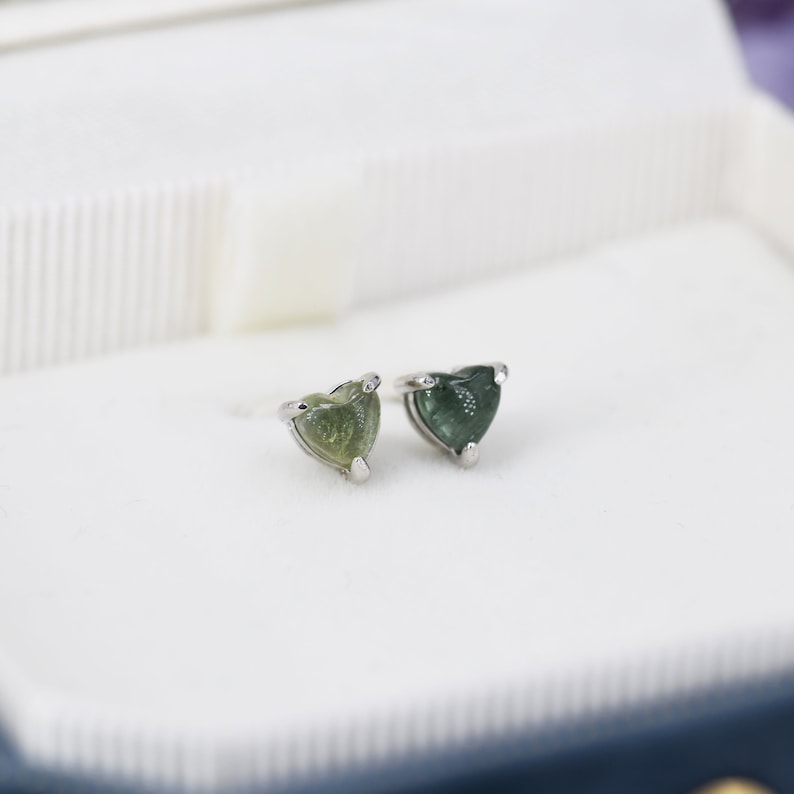 Natural Green Blue Tourmaline Heart Stud Earrings in Sterling Silver, 4mm or 6mm Crystal, Genuine Tourmaline Heart Stud Earrings image 5