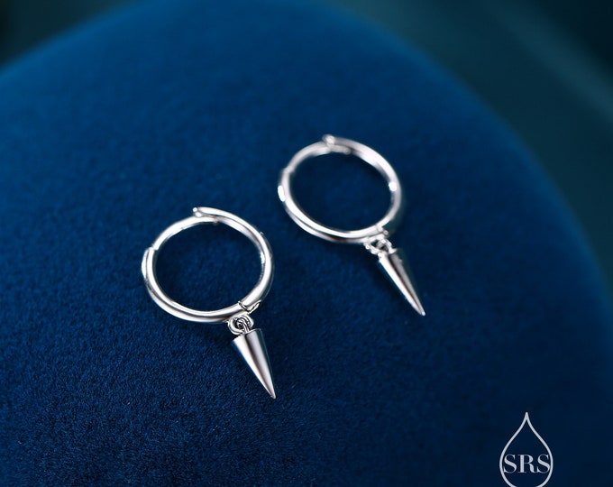 Sterling Silver Tiny Spike Huggie Hoops, Silver or Gold, Small Dangle Cone Spike Hoop Earrings, Geometric Minimalist Earrings