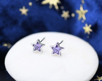 Amethyst Purple CZ Star Stud Earrings in Sterling Silver, Silver or Gold,  Sparkly Crystal Star Earrings, Stacking Earrings