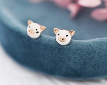 Cute Little Pig Stud Earrings in Sterling Silver - Silver and Rose Gold - Farm Animal Earrings - Whimsical and Pretty Jewellery