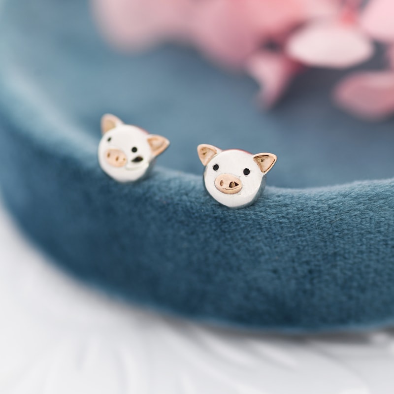 Cute Little Pig Stud Earrings in Sterling Silver - Silver and Rose Gold - Farm Animal Earrings - Whimsical and Pretty Jewellery