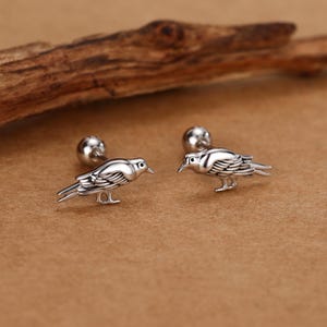 May include: A pair of silver-colored bird-shaped stud earrings. Each earring features a detailed bird design with a rounded post and a small ball backing. The earrings are displayed on a brown surface.