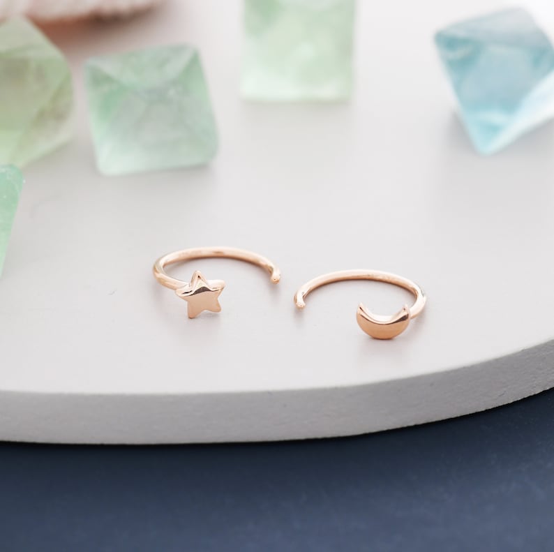 Tiny Mismatched Moon and Star Huggie Hoop Earrings in Sterling Silver, Asymmetric Pull Through Earrings, Half Hoop, Silver or Gold image 3