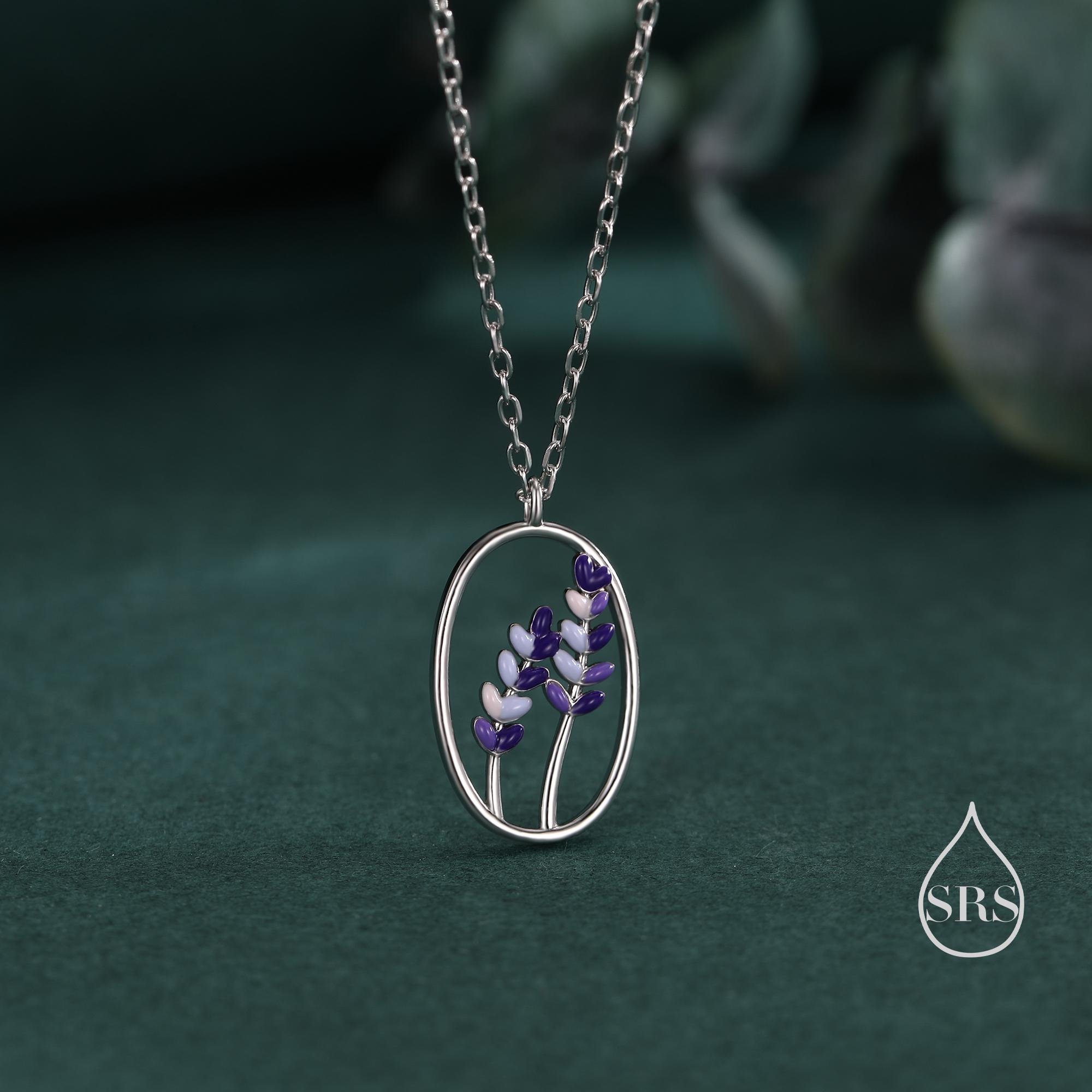 Enamel Lavender Pendant Necklace in Sterling Silver, Silver or Gold Finish, Lavender Flower Necklace