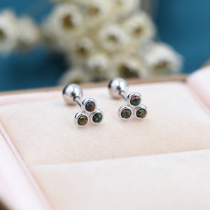 Black Opal Trio Screw back Earrings in Sterling Silver, Silver or Gold, Opal Trinity Earrings,  Screwback Barbell