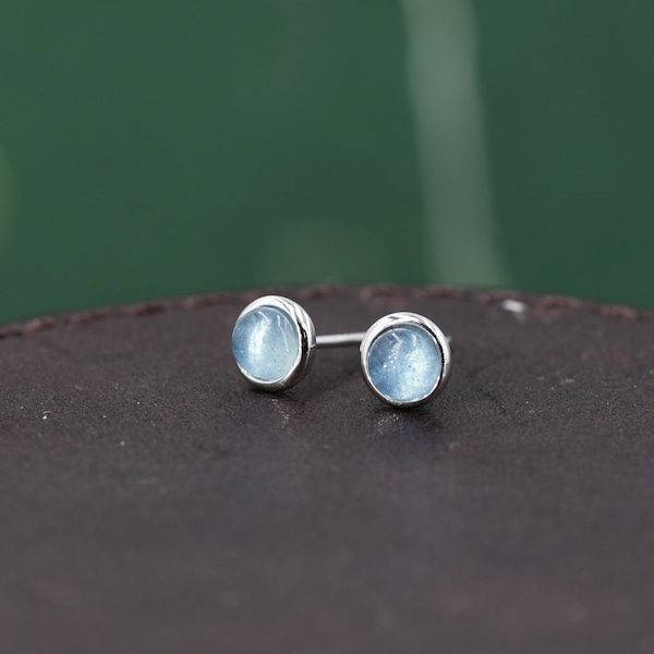 Sterling Silver Aquamarine Bezel Stud Earrings,  4mm Genuine Aquamarine Stone, Semi-precious Jewellery