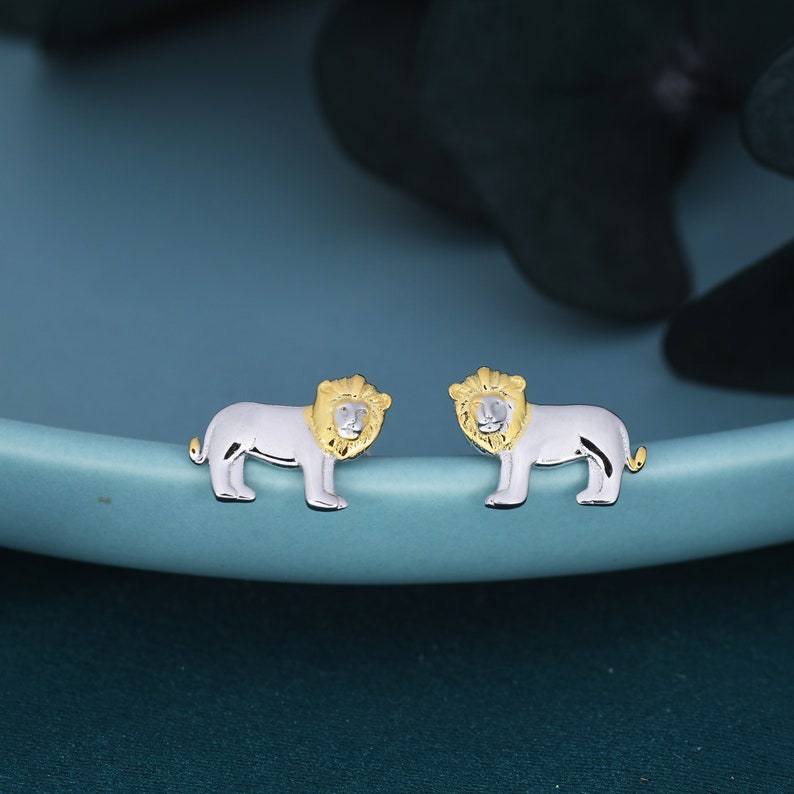 Tiny Little Lion Stud Earrings in Sterling Silver Two Tone Gold and Silver Earrings Cute Animal Earrings Fun, Whimsical image 5