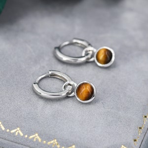 Sterling Silver Dangling Tiger's Eye Hoop Earrings, Detachable Tiger's Eye Coin Dangle Hoop Earrings, Interchangeable