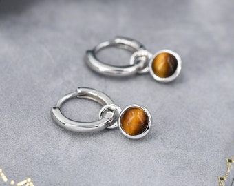 Sterling Silver Dangling Tiger's Eye Hoop Earrings, Detachable Tiger's Eye Coin Dangle Hoop Earrings, Interchangeable