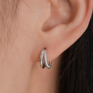 Pendientes de aro doble con un solo piercing en plata de ley con detalles trenzados, pendientes de aro de cuerda, plata, oro, oro rosa,