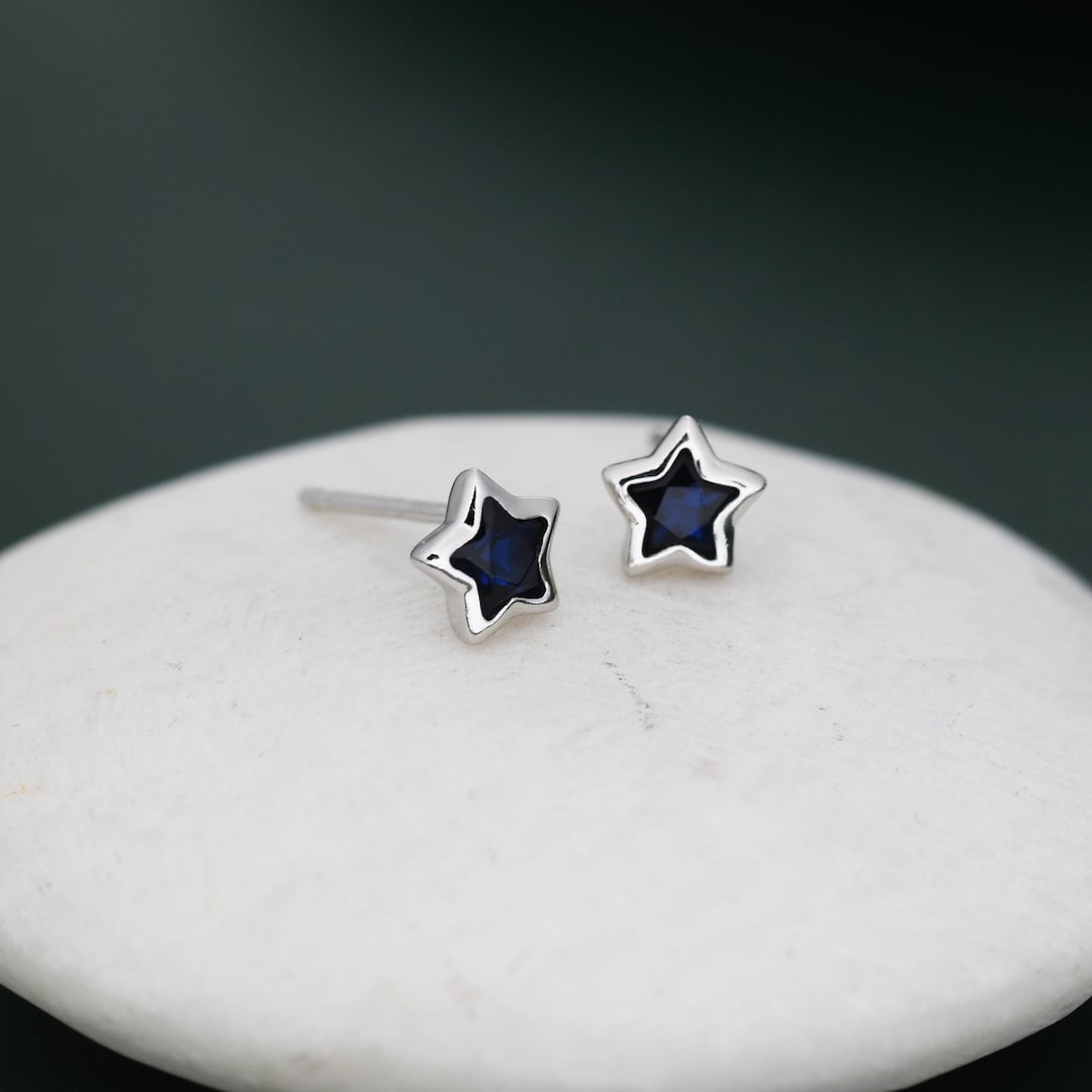 Darkest Blue CZ Star Stud Earrings in Sterling Silver, Silver or Gold, Sparkly Crystal Star Earrings, Stacking Earrings - Etsy Japan