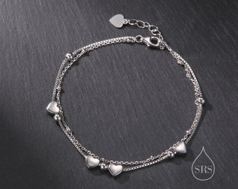 Double Layer Heart Charm Bracelet in Sterling Silver, Silver or Gold or Rose Gold, Small Heart Bracelet, Silver Heart Bracelet