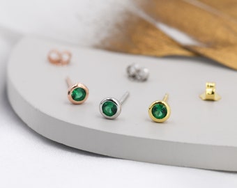 Sterling Silver Emerald Green CZ Stud Earrings,  4mm May Birthstone CZ Earrings, Silver, Gold or Rose Gold, Stacking Earrings