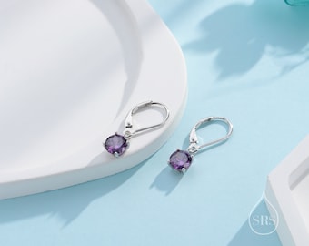 Amethyst Purple CZ Lever Back Hoop in Sterling Silver, Sizes