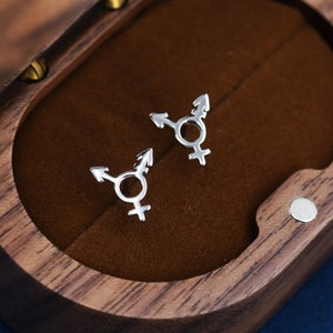 Könnte beinhalten: Zwei silberfarbene Ohrringe mit Transgender-Symbol. Die Ohrringe werden in einer Holzschatulle mit braunem Innenraum präsentiert. Die Ohrringe sind klein, mit einem kreisförmigen Design und Pfeil- und Kreuzsymbolen.