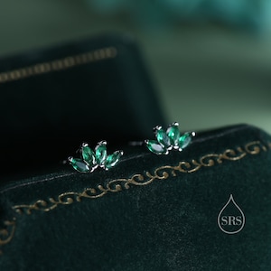 Green CZ Lotus Flower Stud Earrings in Sterling Silver