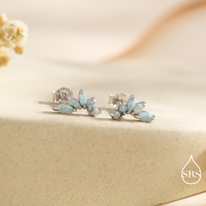 Sterling Silver Green Opal Marquise Cluster Stud Earrings, Silver and Gold, Opal Earrings, Lab Opal Mini Crawler Earrings, Minimalist