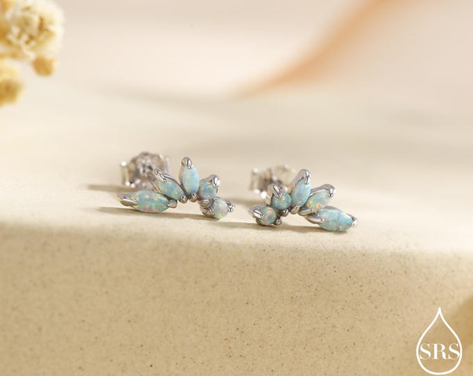 Sterling Silver Green Opal Marquise Cluster Stud Earrings, Silver and Gold, Opal Earrings, Lab Opal Mini Crawler Earrings, Minimalist