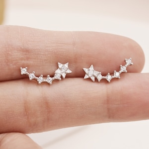 Sterling Silver Shooting Star Dainty Ear Crawler Stud Earrings, Silver, Gold and Rose Gold, Curved Bar with CZ Crystals