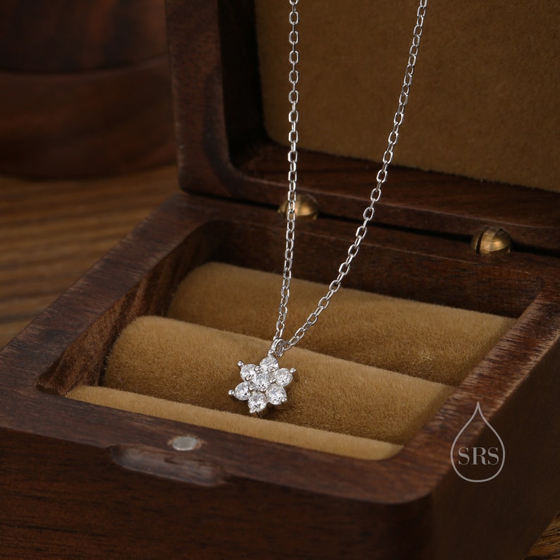 Tiny CZ Flower Necklace in Sterling Silver, Silver or Gold or Rose Gold, CZ Snowflake Necklace, CZ Cluster Floral Necklace image 2