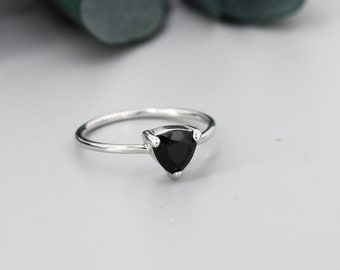 Genuine Black Onyx Ring in Sterling Silver, Natural Trillion Cut Onyx Ring, Stacking Rings, US 5-8