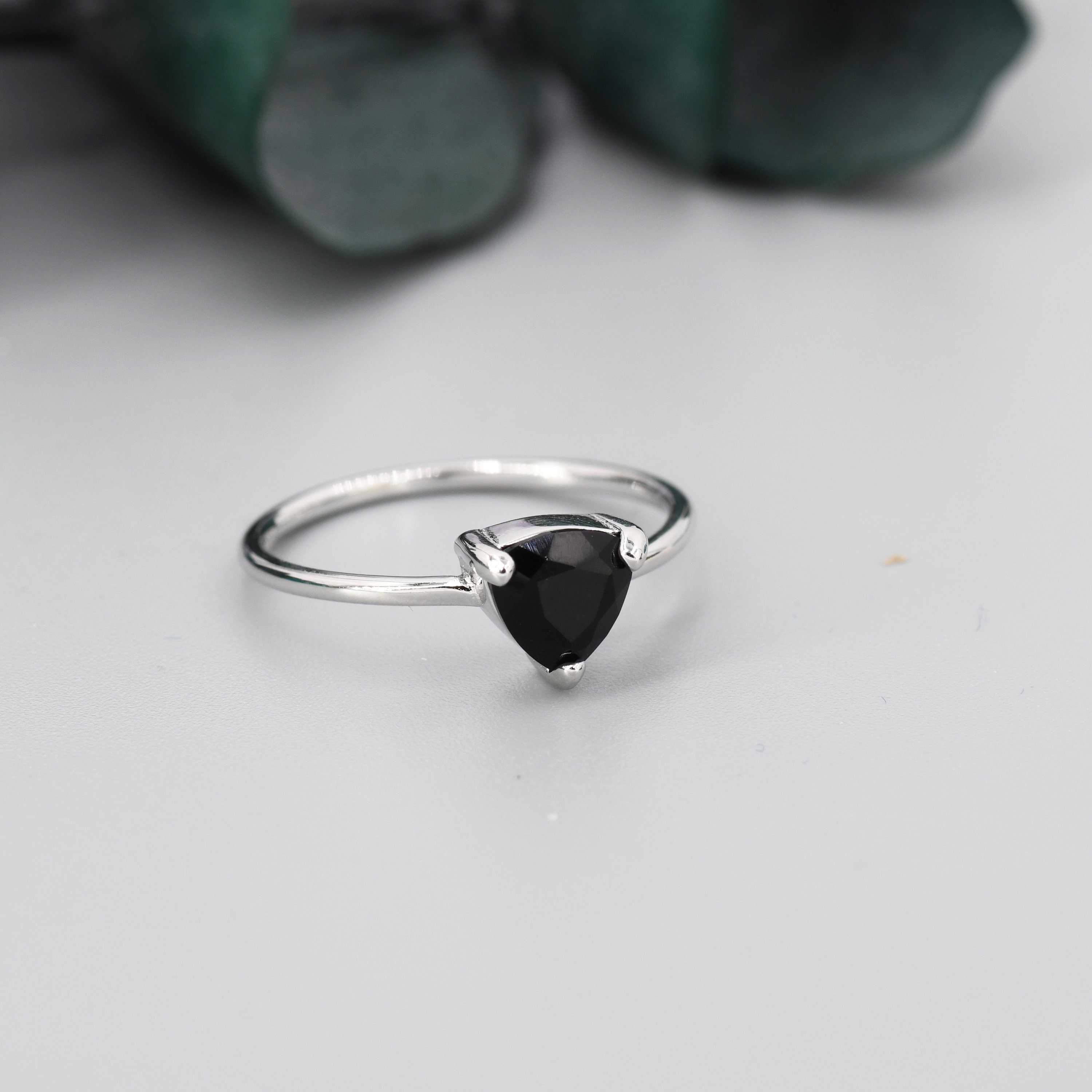 Genuine Black Onyx Ring in Sterling Silver, Natural Trillion Cut Onyx Ring, Stacking Rings, US 5-8