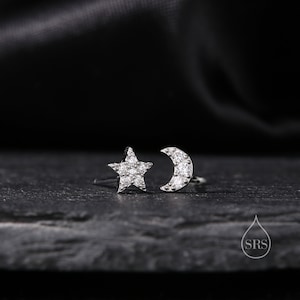 Niet-overeenkomende CZ-oorbellen in sterlingzilver met maan en ster, CZ-oorbellen maan en ster, hemelse oorbellen