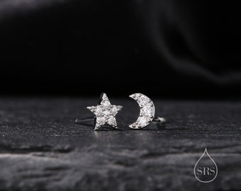 Mismatched Moon and Star CZ Stud Earrings in Sterling Silver, CZ Moon and Star Earrings, Celestial Earrings