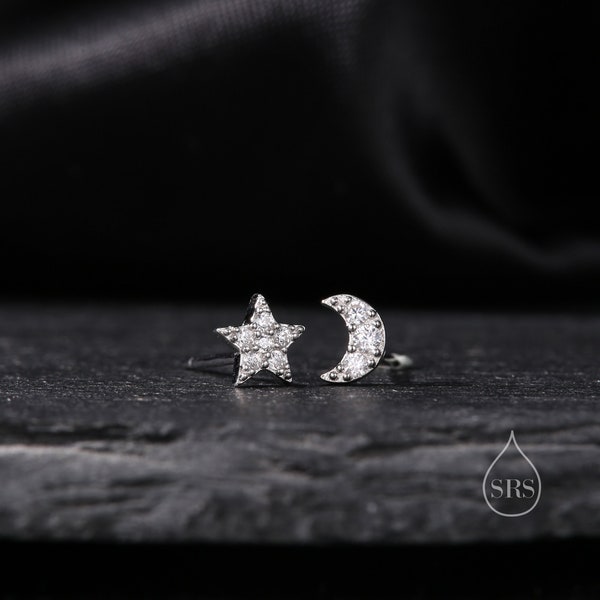 Mismatched Moon and Star CZ Stud Earrings in Sterling Silver, CZ Moon and Star Earrings, Celestial Earrings