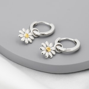 Little Daisy Flower Charmed Hoop Earrings in Sterling Silver Cute Flower Blossom Huggie Hoop Earrings Fun, Whimsical image 7