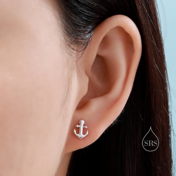 Anchor Stud Earrings in Sterling Silver Silver or Gold Tiny