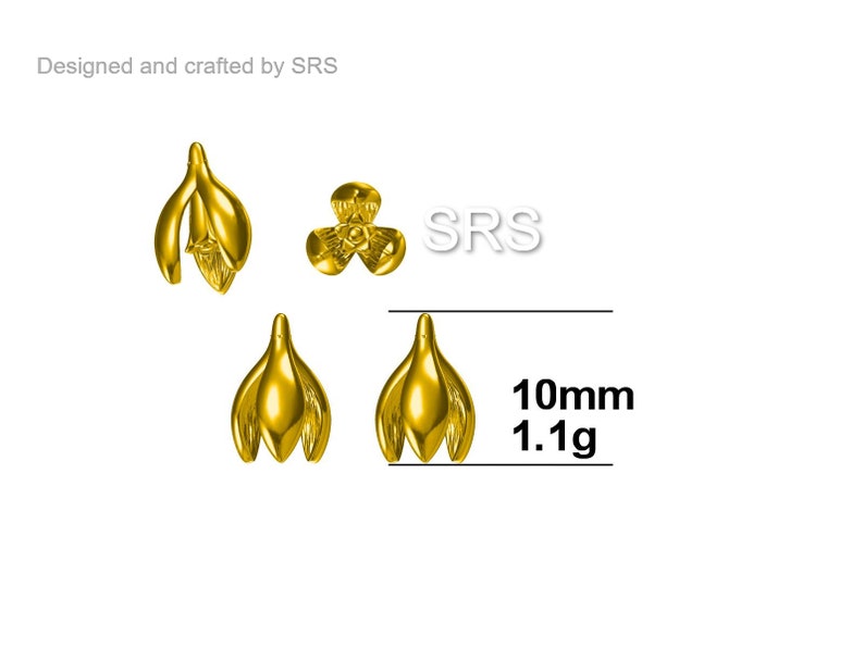 May include: Gold-colored metal flower-shaped embellishments. The image shows three different designs, including a flower and two tulip-like shapes. The text indicates a size of 10mm and a weight of 1.1g. The text "Designed and crafted by SRS" is also visible.