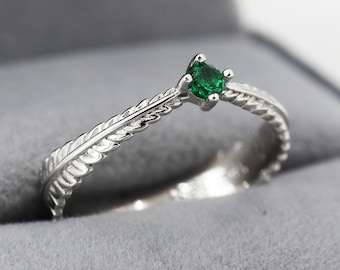 Sterling Silver Fern Leaf Emerald Green CZ Ring, Eternity Ring, Friendship Ring,  Nature Inspired Jewellery US 5 - 8