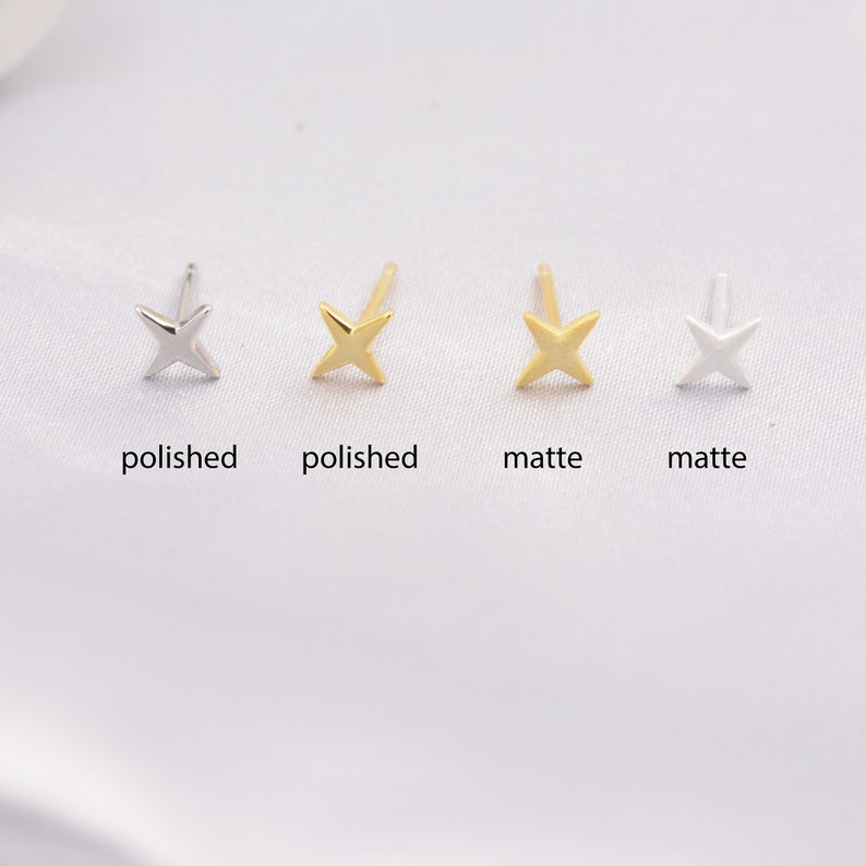 Four Point Star Stud Earrings in Sterling Silver, Tiny Celestial Stud, Polished or Textured, Gold or Silver image 5