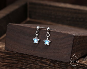 Tiny Moonstone Star Dangle Stud Earrings in Sterling Silver, Silver or Gold, Aurora Star Earrings, Sunburst Earrings, Celestial