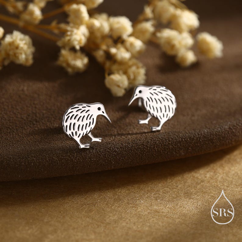 May include: A pair of silver-colored kiwi bird stud earrings. Each earring features a detailed kiwi bird design with a textured body and a long beak. The earrings are displayed on a brown surface with dried flowers in the background.