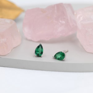 Sterling Silver Emerald Green Droplet Stud Earrings, Pear Cut Emerald Earrings, May Birthstone CZ Earrings, Silver, Gold or Rose Gold image 8