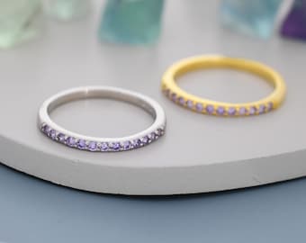 Amethyst Lilac Purple Half Eternity Ring in Sterling Silver, Silver or Gold, Green Purple CZ Skinny Ring, Minimalist Stacking Ring US 5 - 8