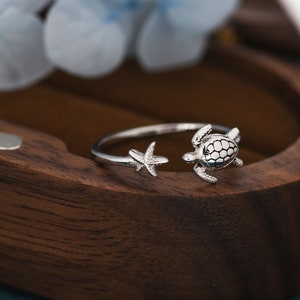 Turtle and Starfish Open Ring in Sterling Silver, Adjustable, Turtle Ring, Starfish Ring, Ocean Inspired, Nature Jewellery, Animal Ring image 6