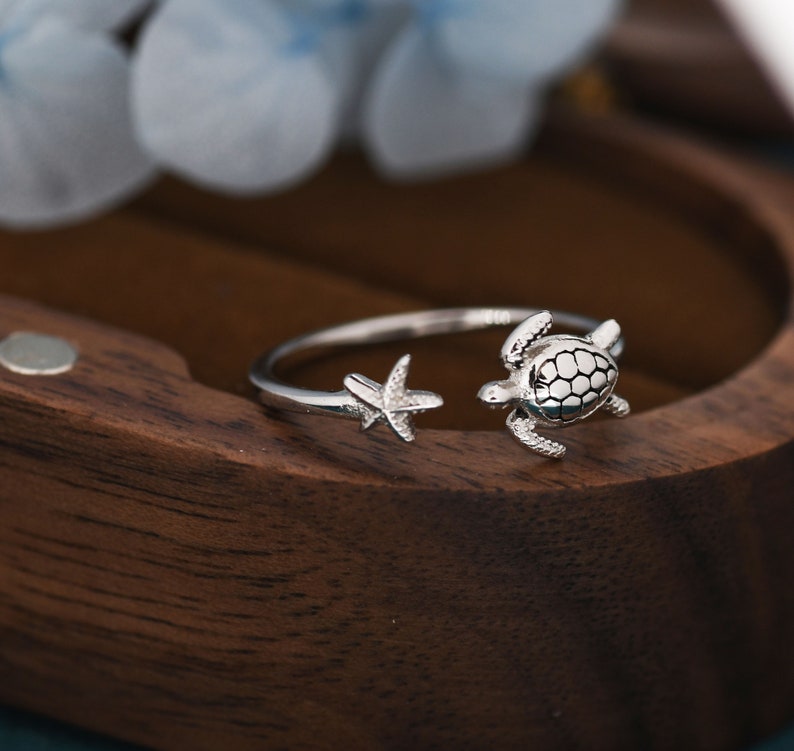 Turtle and Starfish Open Ring in Sterling Silver, Adjustable, Turtle Ring, Starfish Ring, Ocean Inspired, Nature Jewellery, Animal Ring image 6