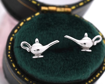 Aladdin's Magic Lamp Stud Earrings in Sterling Silver, Cute Genie Stud, Fairy tale Inspired Design
