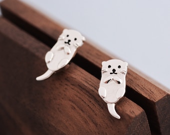 Otter Stud Earrings in Sterling Silver - Smiling Otter - Cute Animal Earrings - Fun, Whimsical