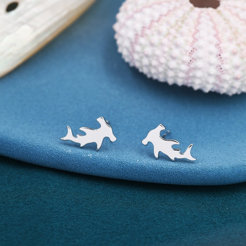 Hammerhead Shark Stud Earrings in Sterling Silver, Silver or Gold, Shark Earrings, Fish Earrings, Silver Shark Earrings image 1