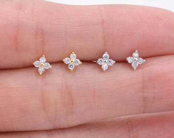 Very Tiny Hydrangea Flower Inspired Stud Earrings in Sterling Silver with Sparkly CZ Crystals, Simple and Minimalist