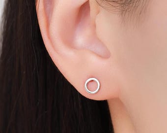 Sterling Silver Open Circle Stud Earrings, Silver and Gold, Delicate and Dainty Geometric Jewellery, Minimalist Design