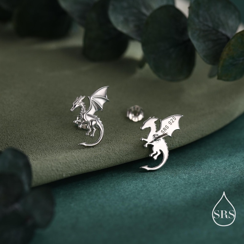 May include: Silver dragon earrings with detailed wings and a curved tail. One earring is marked "SRS 925". The earrings are presented on a green surface, with a blurred background of leaves.